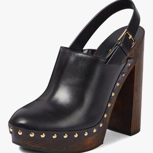 Gianni Bini Black Leather Clogs with Gold Studs Wooden Heel Platforms SIZE 7.5